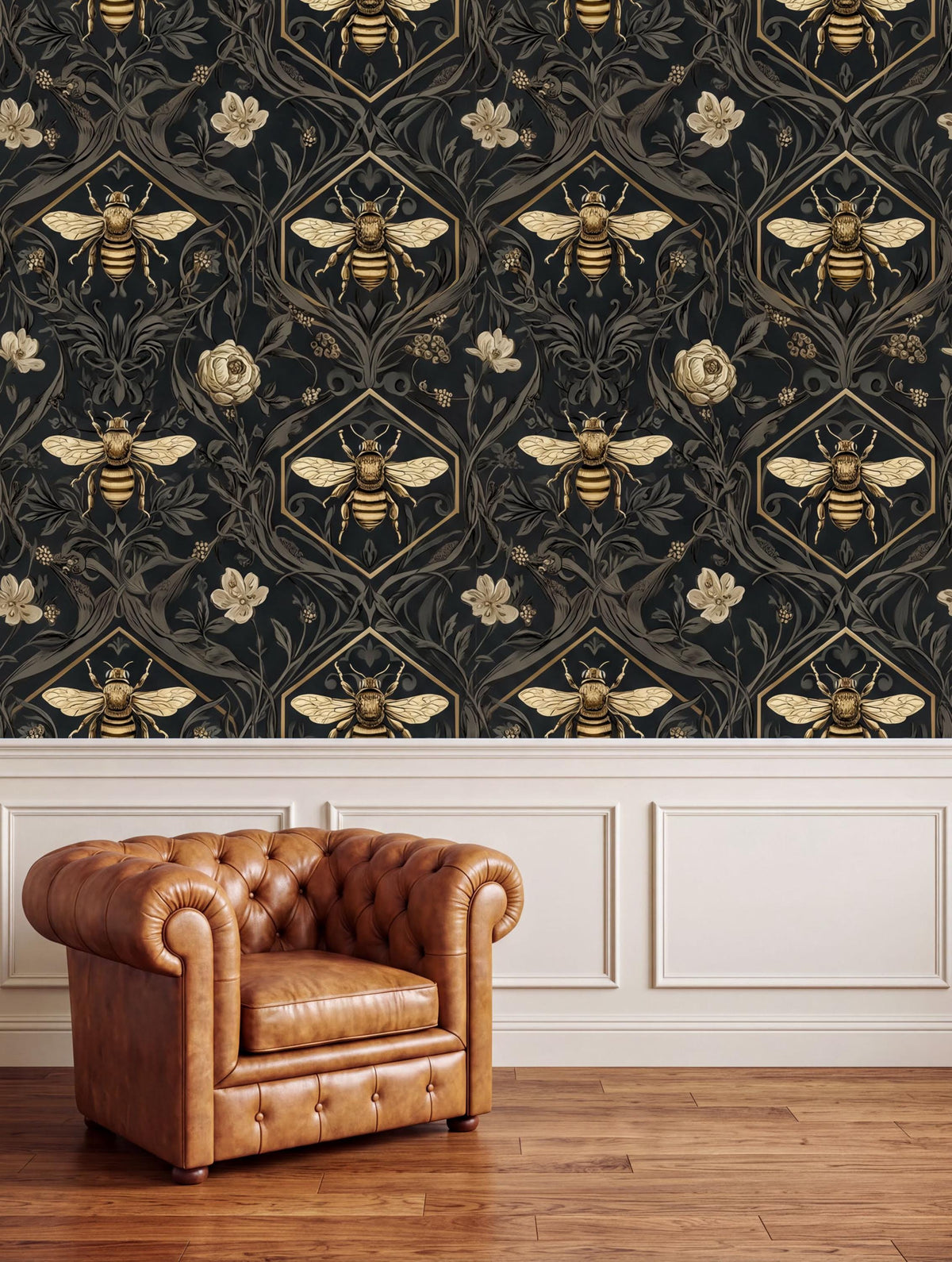 a brown leather armchair positioned in front of a wall with a repeating pattern of bees and flowers.