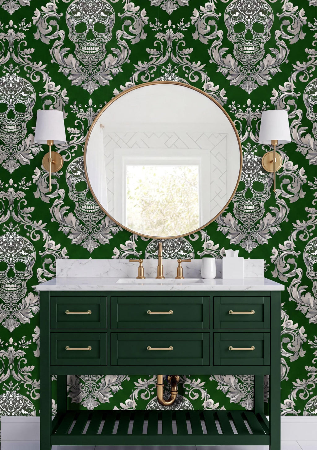 a bathroom vanity with a green cabinet and a round mirror above it. The wall behind the vanity has a repeating pattern of skull designs in shades of green and white.