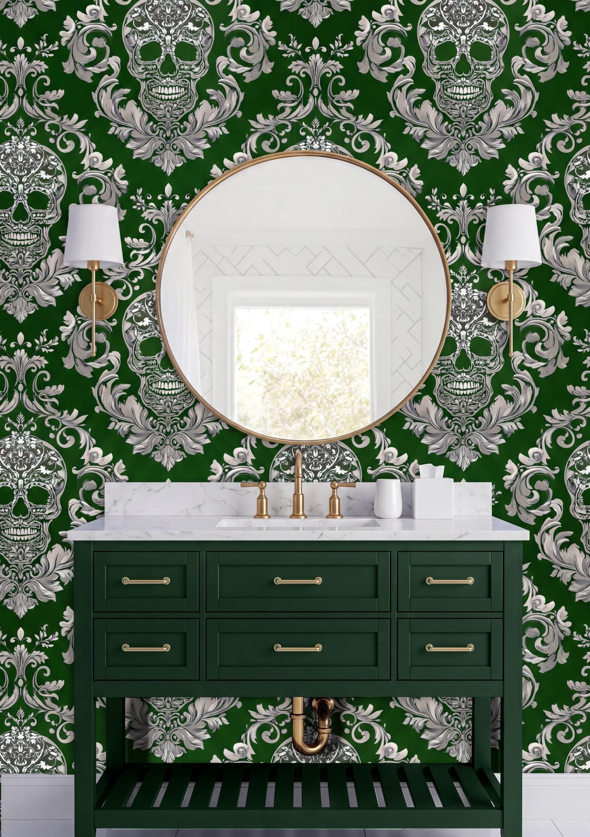 a bathroom vanity with a green cabinet and a round mirror above it. The wall behind the vanity has a repeating pattern of skull designs in shades of green and white.