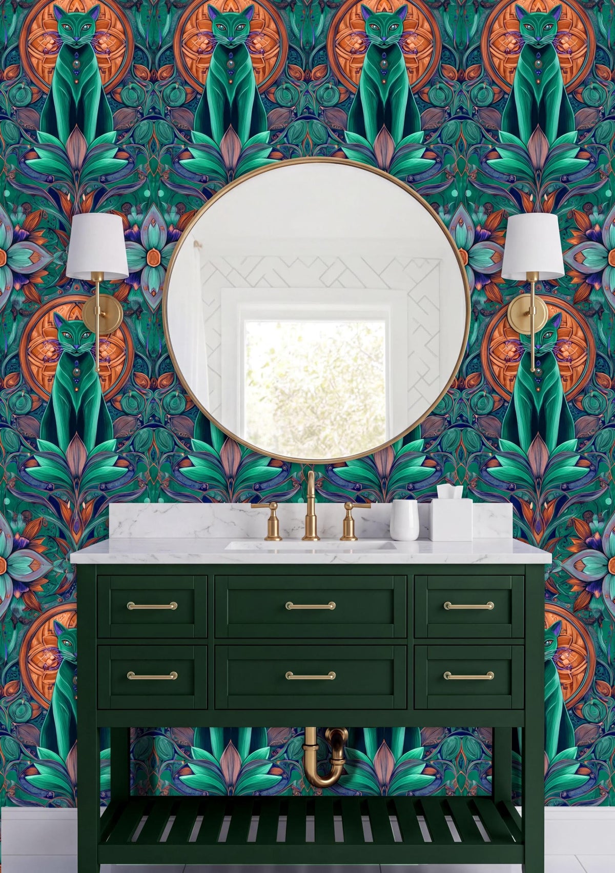 a bathroom with a green vanity and a large mirror above it. The wall behind the vanity has a vibrant, colorful floral pattern.