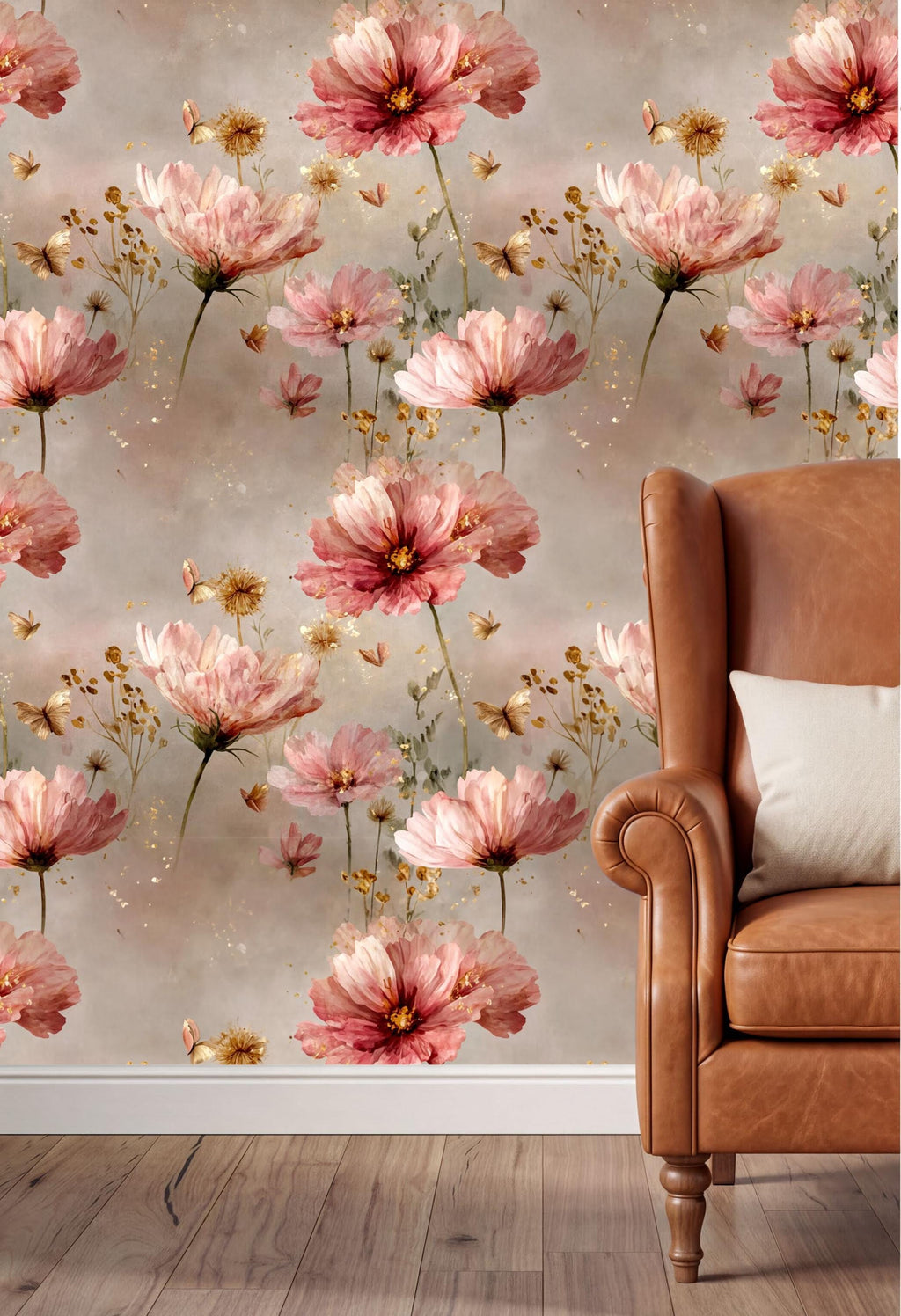 a wallpapered wall with a floral pattern of pink and white flowers, along with some greenery and butterflies. In the foreground, there is a brown leather armchair with a white pillow on it.