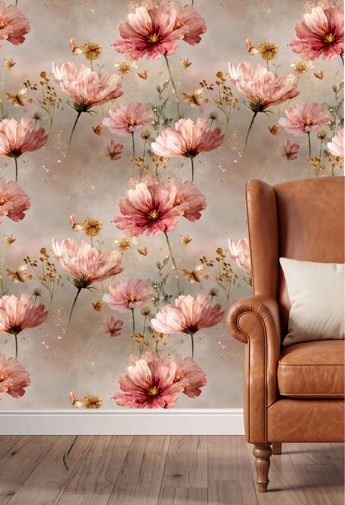 a wallpapered wall with a floral pattern of pink and white flowers, along with some greenery and butterflies. In the foreground, there is a brown leather armchair with a white pillow on it.