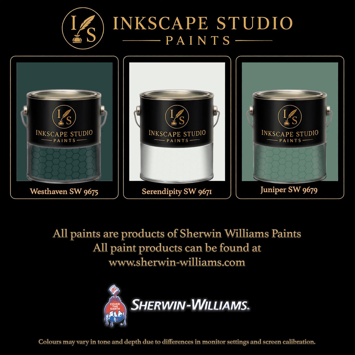 The image is an advertisement for Sherwin Williams paints, featuring three different paint color samples from the Inkscape Studio.