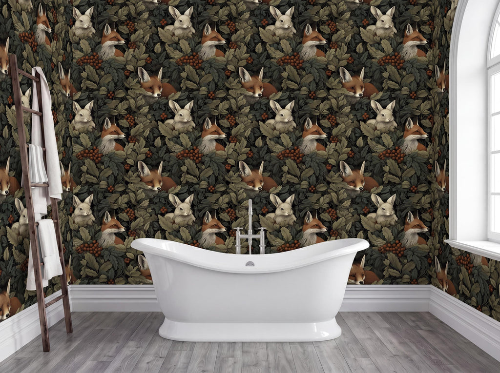 a bathroom with a white freestanding bathtub in the center, surrounded by a wall with a repeating pattern of foxes and leaves.