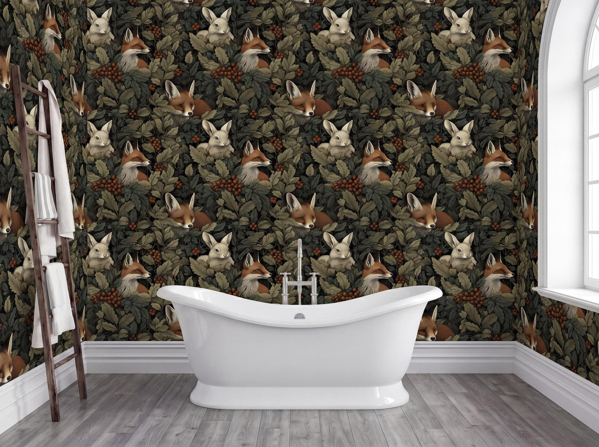 a bathroom with a white freestanding bathtub in the center, surrounded by a wall with a repeating pattern of foxes and leaves.