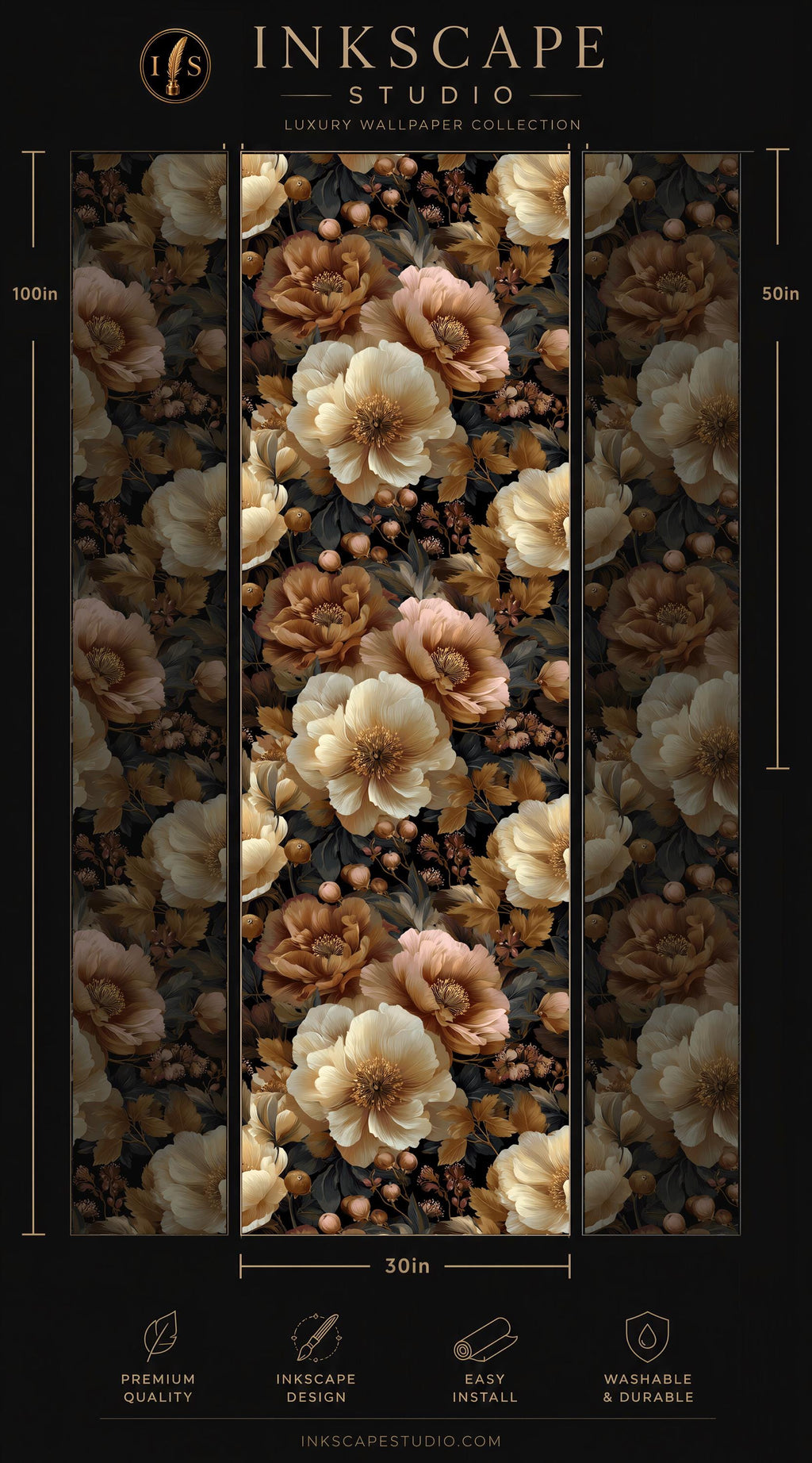 The image is a collage of three panels featuring a floral pattern in shades of brown and white. The panels are arranged in a vertical format, with the largest panel at the top and the smallest at the bottom. The image is described as a luxury wallpaper collection, and it is 30 inches wide. The panels are designed to be easy to install and washable.