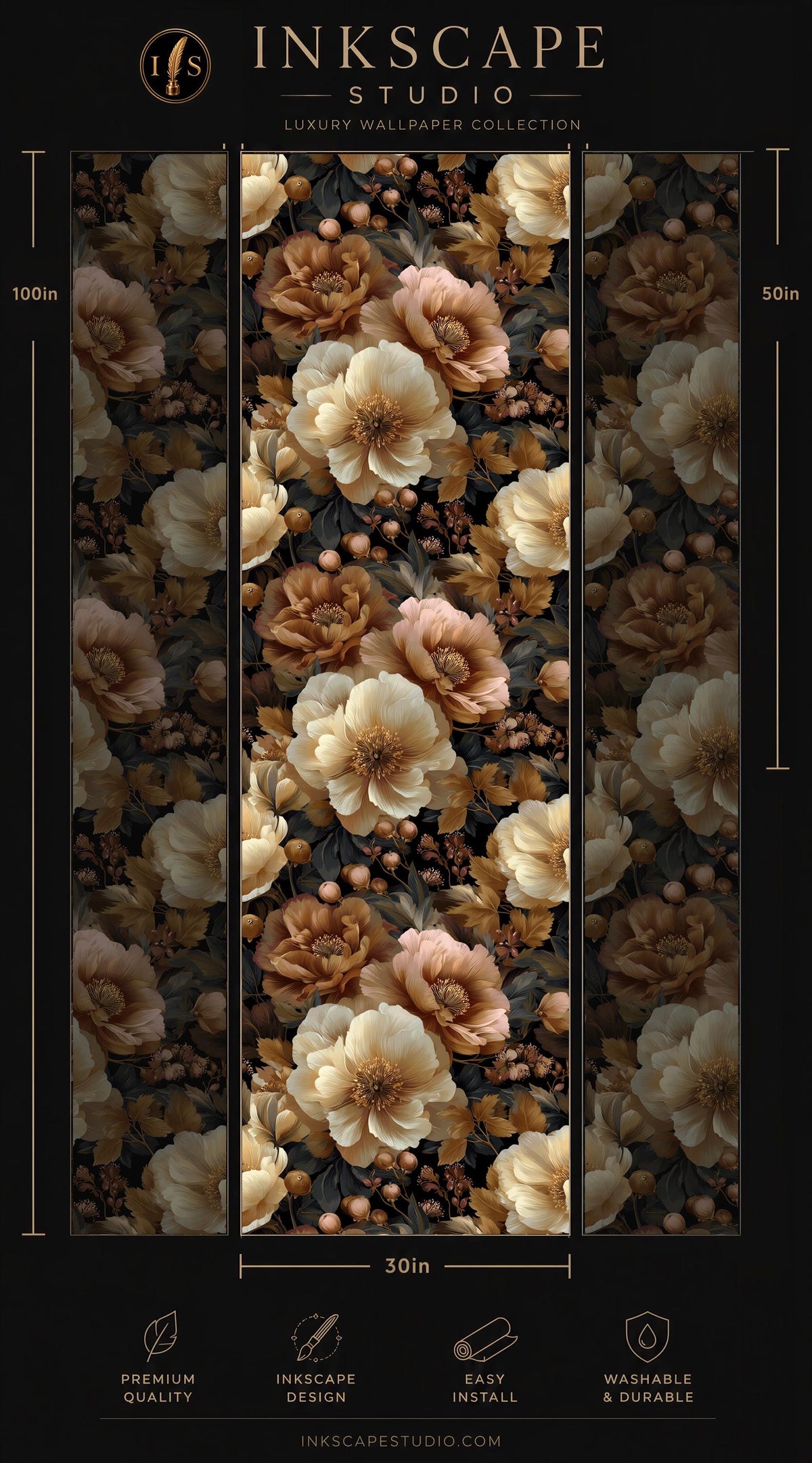 The image is a collage of three panels featuring a floral pattern in shades of brown and white. The panels are arranged in a vertical format, with the largest panel at the top and the smallest at the bottom. The image is described as a luxury wallpaper collection, and it is 30 inches wide. The panels are designed to be easy to install and washable.