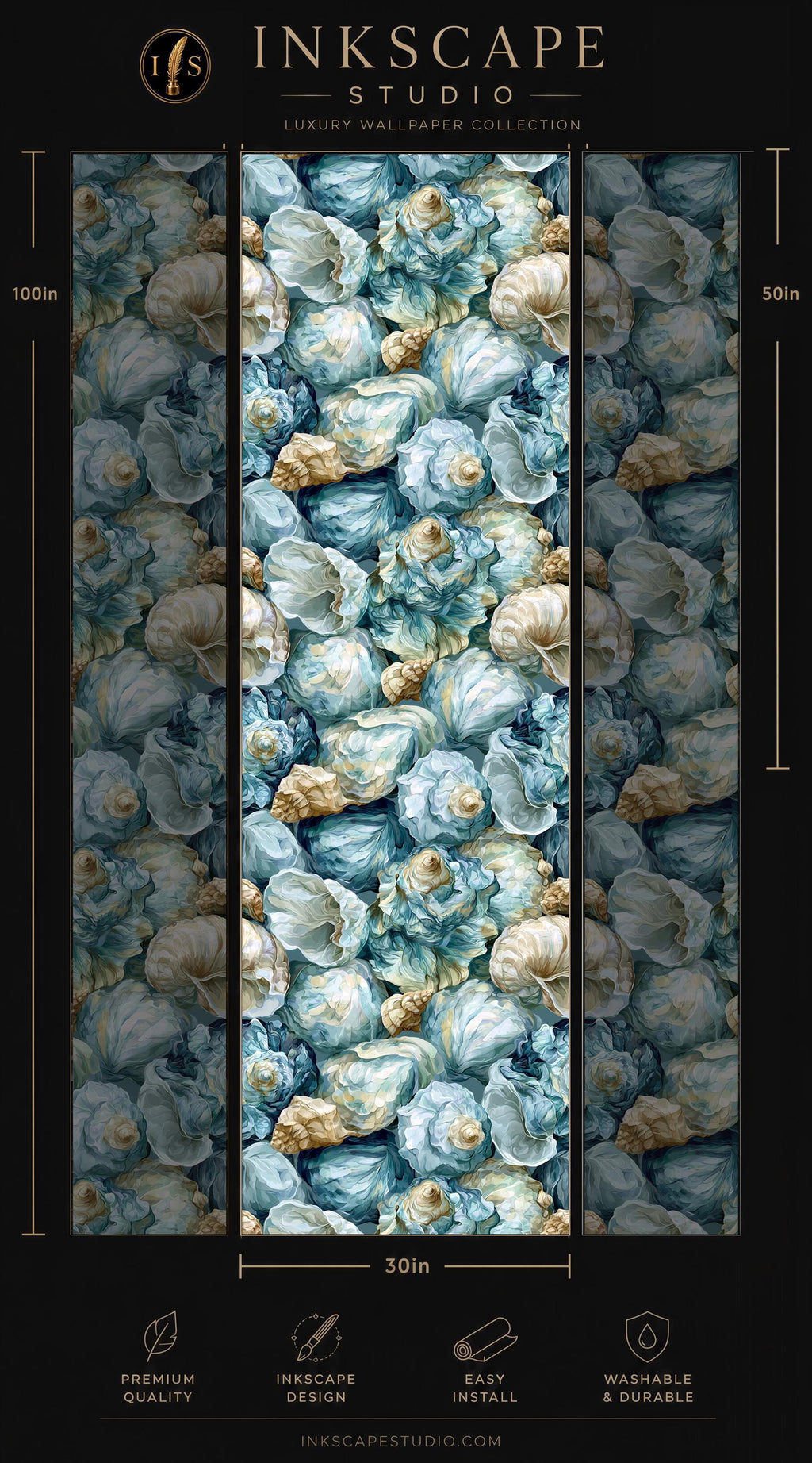 The image is a collage of three images featuring a repeating pattern of blue and white seashells. The collage is presented in a vertical format, with each image being 50 inches tall. The collage is part of a luxury wallpaper collection from the Inkscape Studio, which is described as a premium wallpaper product. The wallpaper is easy to install and washable, making it a suitable choice for various interior design applications.