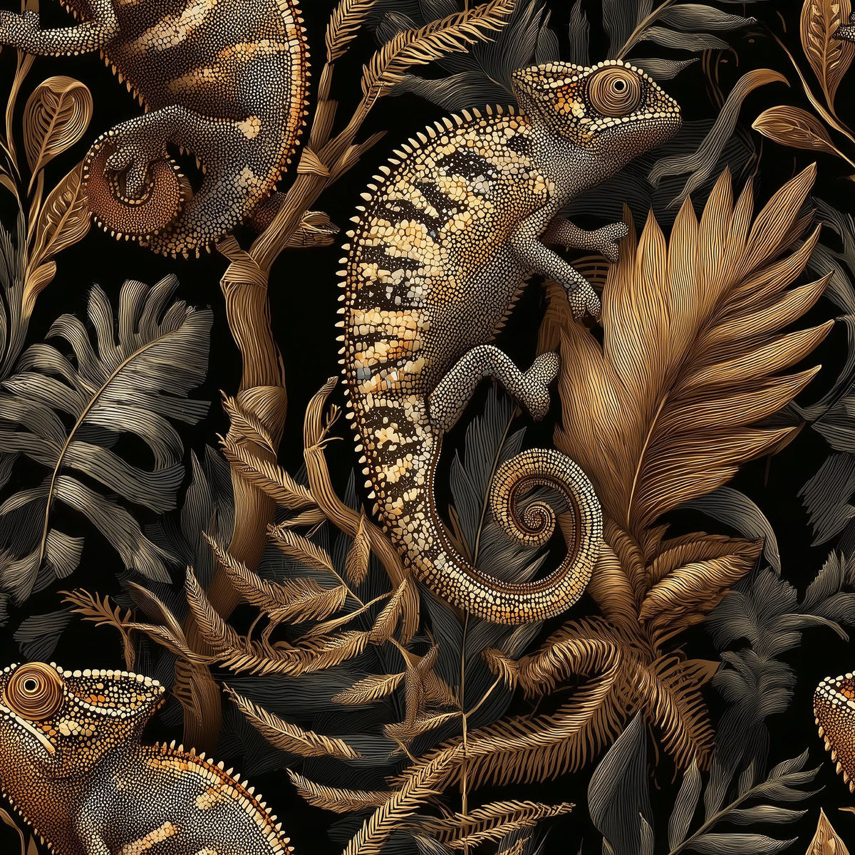 a pattern of chameleons and tropical foliage, including palm leaves and other leaves, against a dark background.