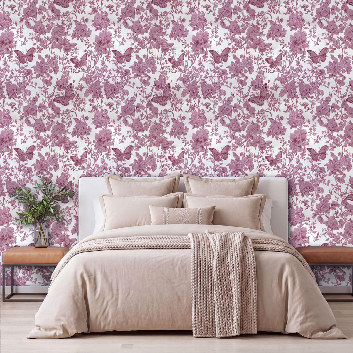 a bedroom with a large bed, a floral wallpaper, and a wooden nightstand with a plant on it.