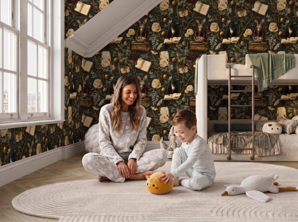 A woman and a young boy are sitting on the floor in a cozy bedroom, surrounded by stuffed animals and a large rug.