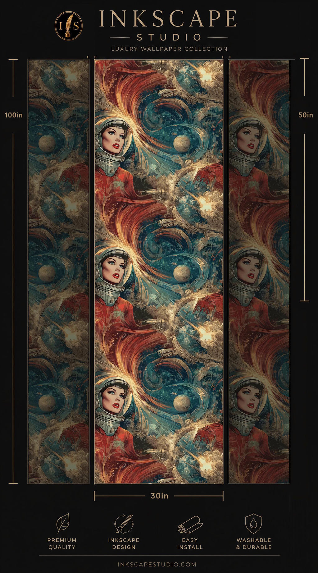 The image is a collage of three panels featuring a woman in a space suit against a cosmic background with swirling colors and celestial elements.