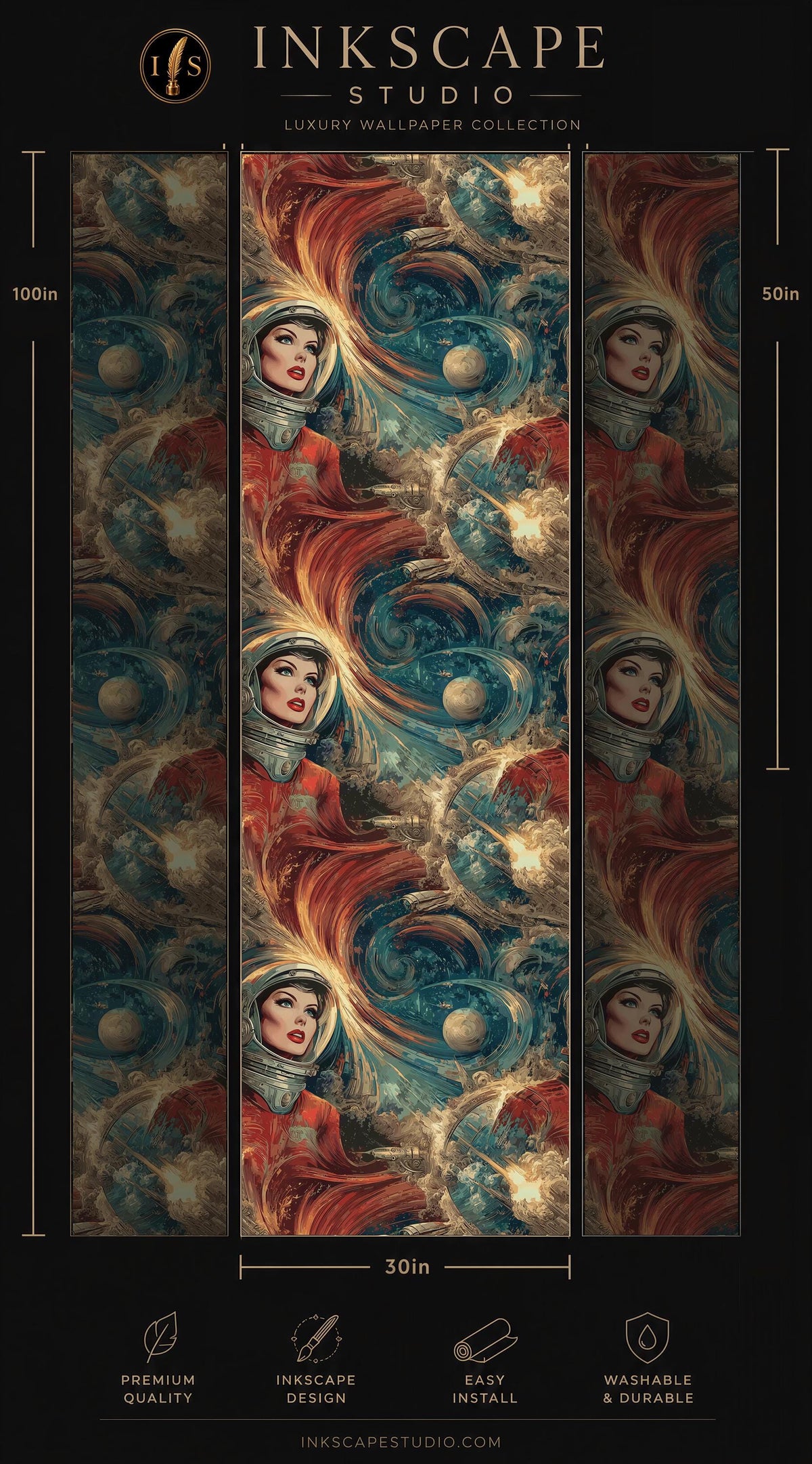 The image is a collage of three panels featuring a woman in a space suit against a cosmic background with swirling colors and celestial elements.