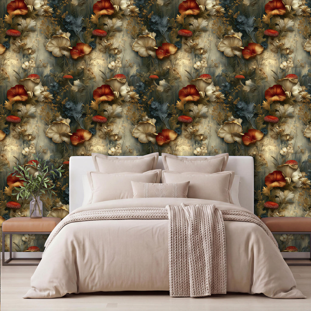 a bedroom with a large floral wallpaper covering the wall behind a bed. The bed is dressed in a beige comforter and has several pillows. There is a wooden nightstand on the left side of the bed, and a vase of flowers is placed on it. The overall color scheme of the room is predominantly neutral, with the floral wallpaper adding a touch of nature and warmth to the space.
