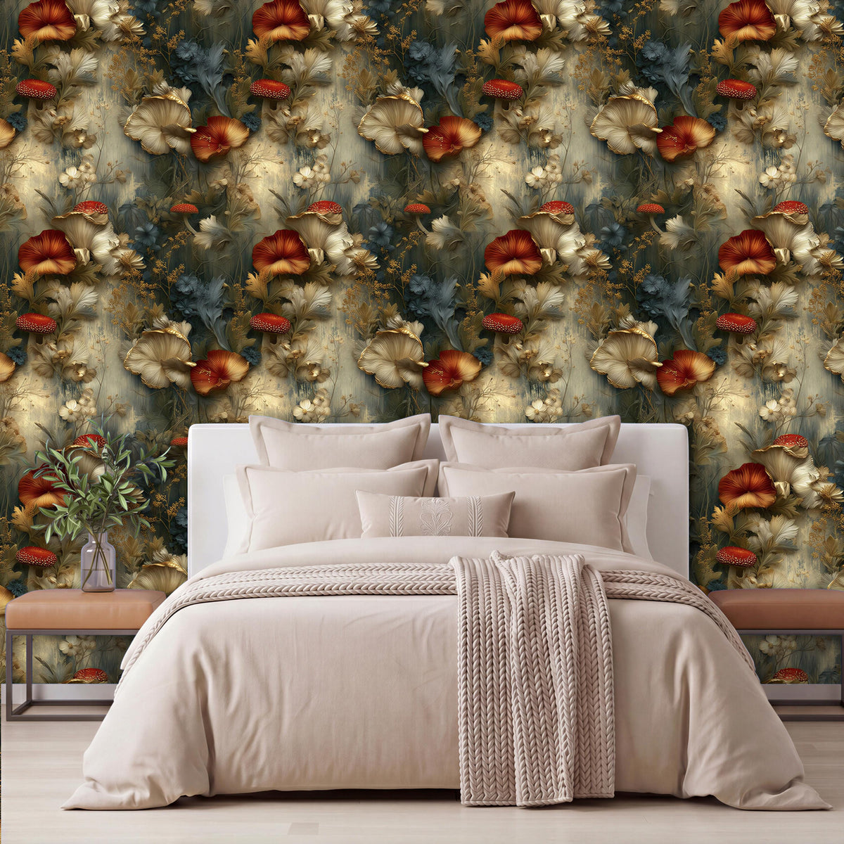 a bedroom with a large floral wallpaper covering the wall behind a bed. The bed is dressed in a beige comforter and has several pillows. There is a wooden nightstand on the left side of the bed, and a vase of flowers is placed on it. The overall color scheme of the room is predominantly neutral, with the floral wallpaper adding a touch of nature and warmth to the space.