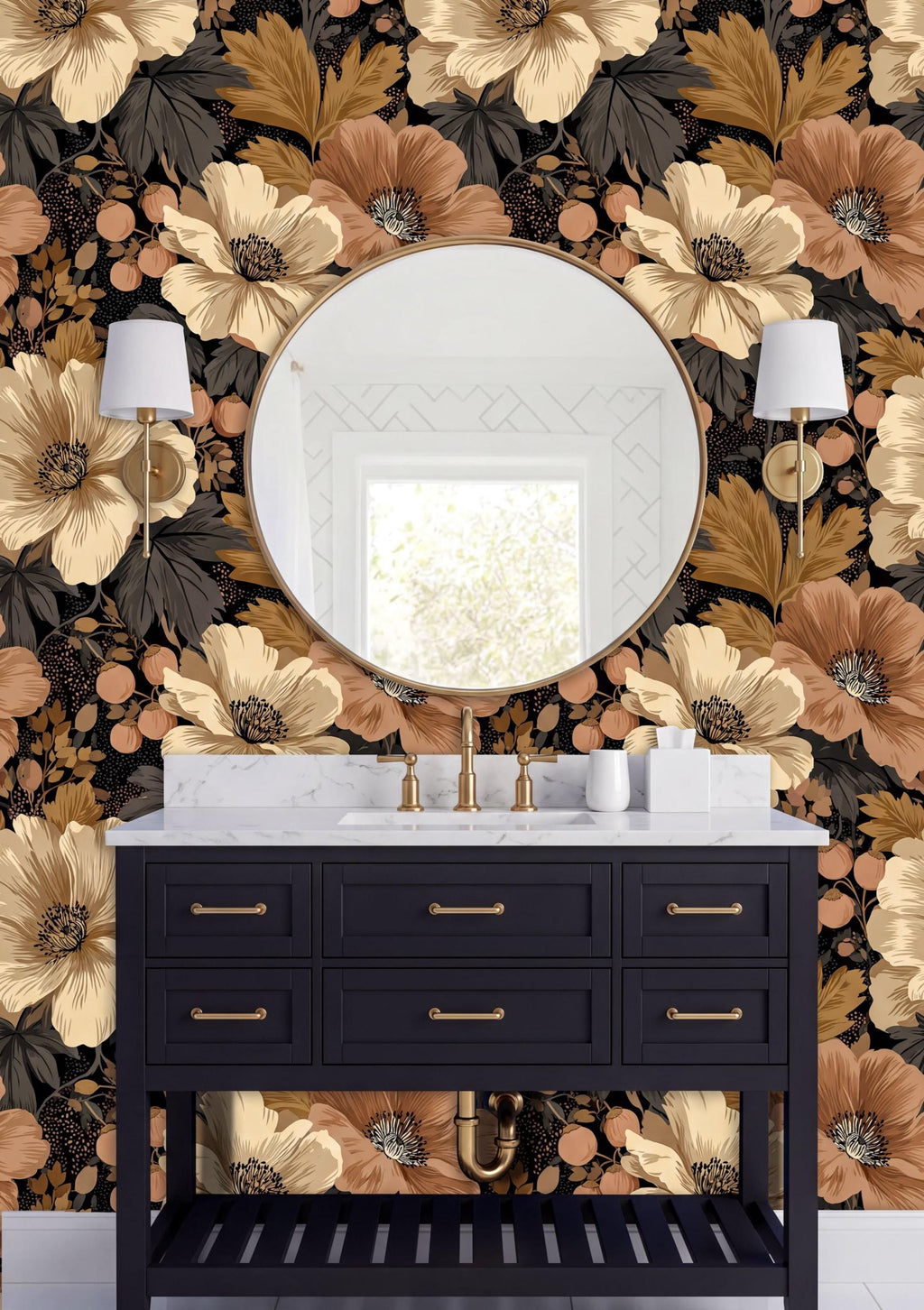 a bathroom vanity with a round mirror, a black cabinet, and two wall sconces. The wall behind the vanity is covered in a floral wallpaper in shades of brown and beige.