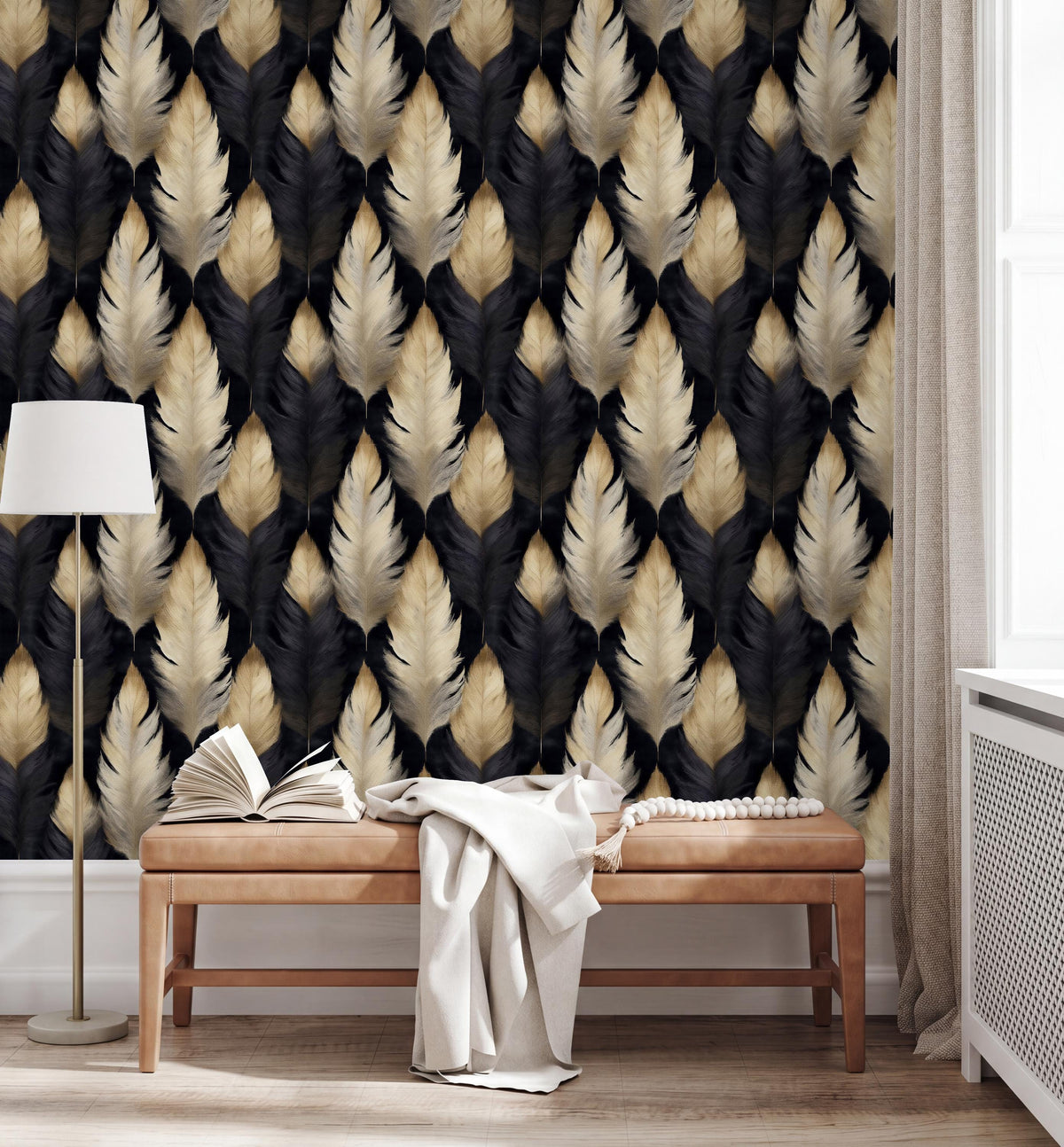 a modern living room with a wooden bench, a white lamp, and a black and gold feather-patterned wallpaper.