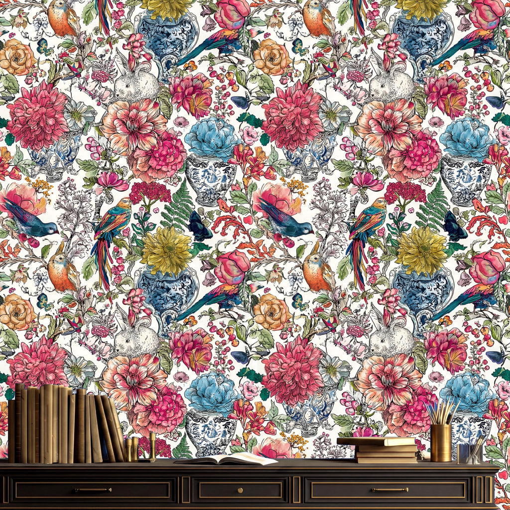 a vibrant and colorful floral wallpaper with various flowers, birds, and vases. There are also some books and a cup on a shelf in the foreground, adding to the overall homey and cozy atmosphere of the scene.