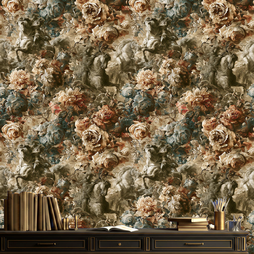 a wallpapered wall with a floral pattern, a wooden desk with books and a pen holder, and a small table with a lamp and a vase of flowers.