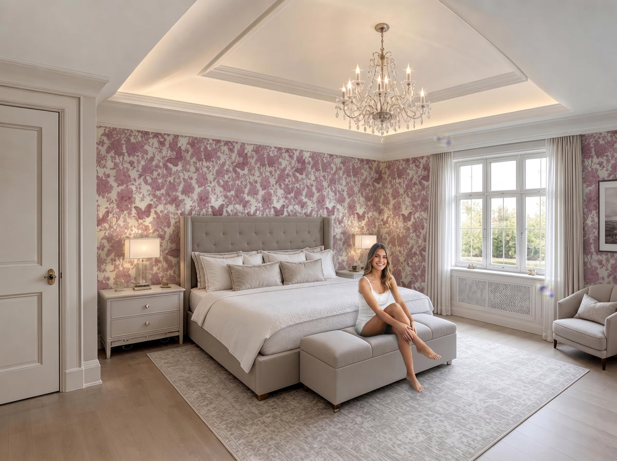 A woman sits on a bench in a luxurious bedroom with a large bed, a chandelier, and a floral wallpaper.