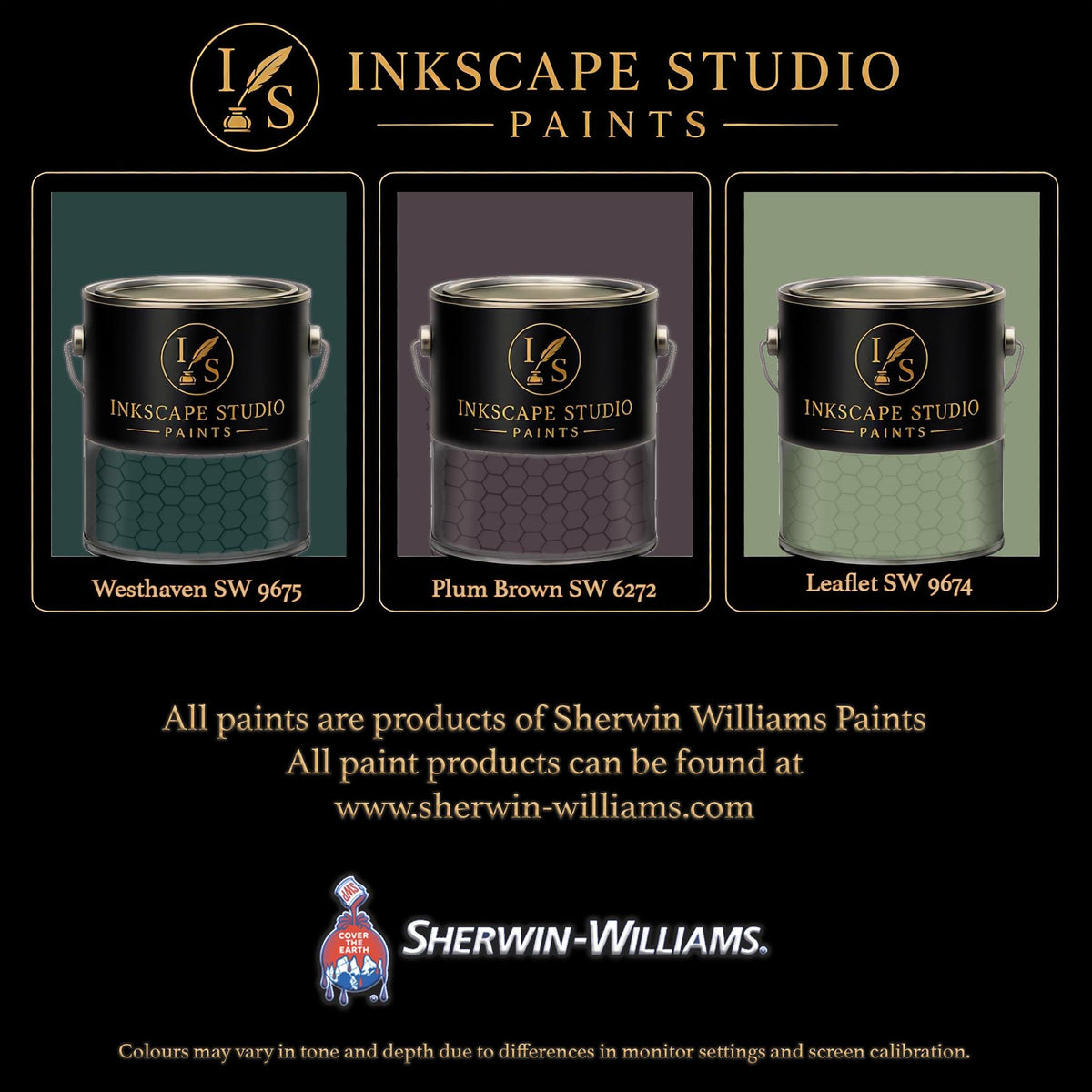 The image is an advertisement for Sherwin Williams paints, featuring three different paint color samples from the Inkscape Studio.