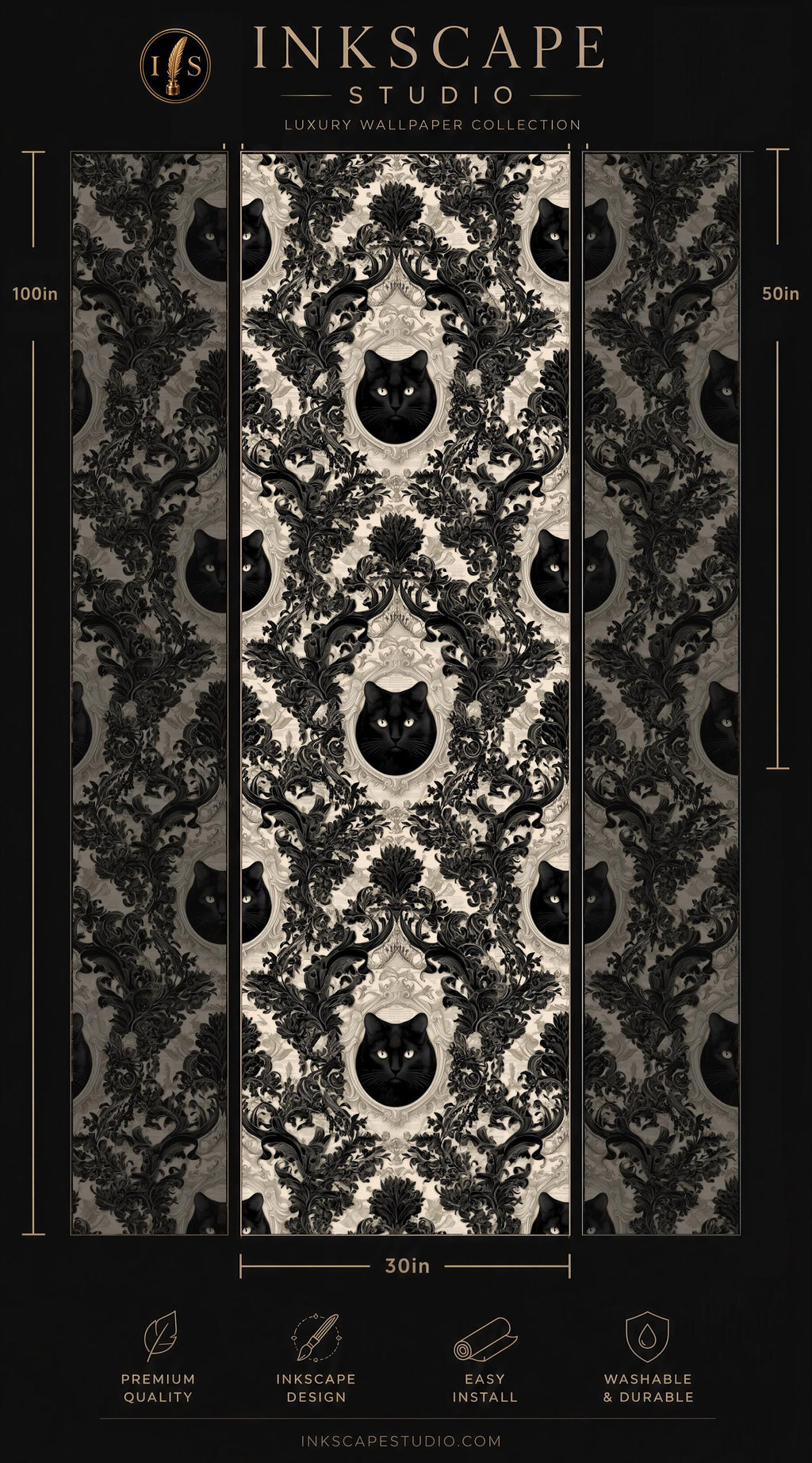 The image is a collage of three panels, each featuring a black and white pattern with a cat's face in the center. The panels are arranged in a vertical format, with the top panel being the largest and the bottom panel being the smallest. The text on the image provides information about the wallpaper, including its size, price, and the fact that it is a luxury wallpaper collection.