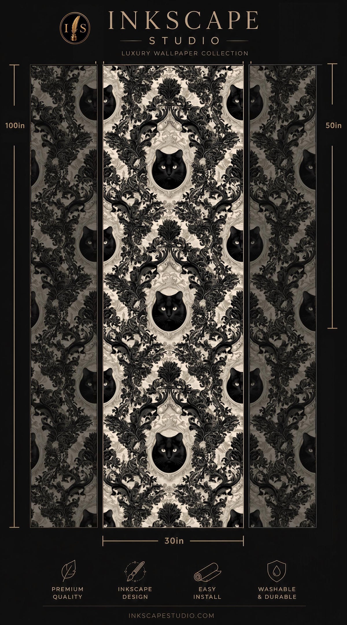 The image is a collage of three panels, each featuring a black and white pattern with a cat's face in the center. The panels are arranged in a vertical format, with the top panel being the largest and the bottom panel being the smallest. The text on the image provides information about the wallpaper, including its size, price, and the fact that it is a luxury wallpaper collection.