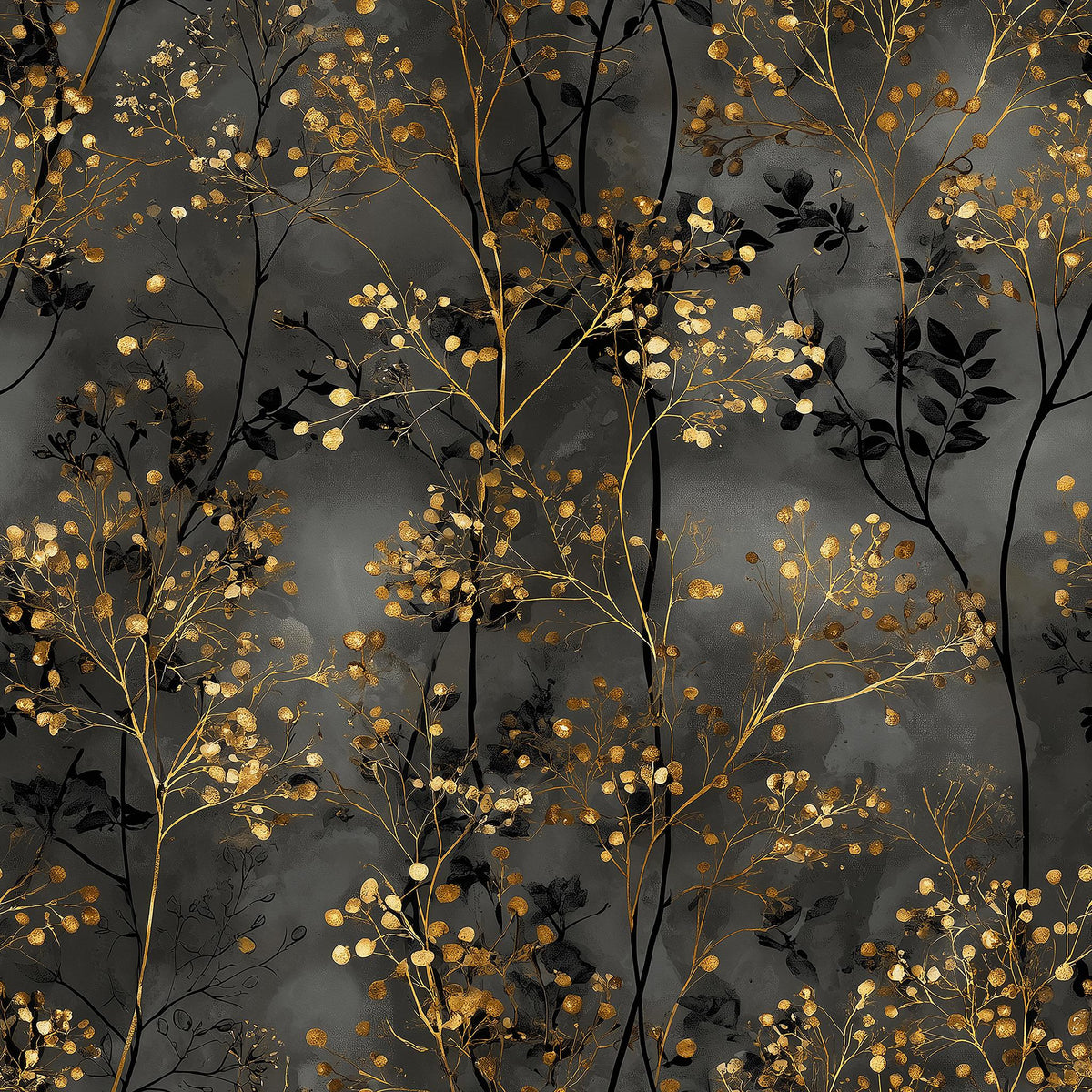 a repeating pattern of golden branches and leaves against a dark gray background.