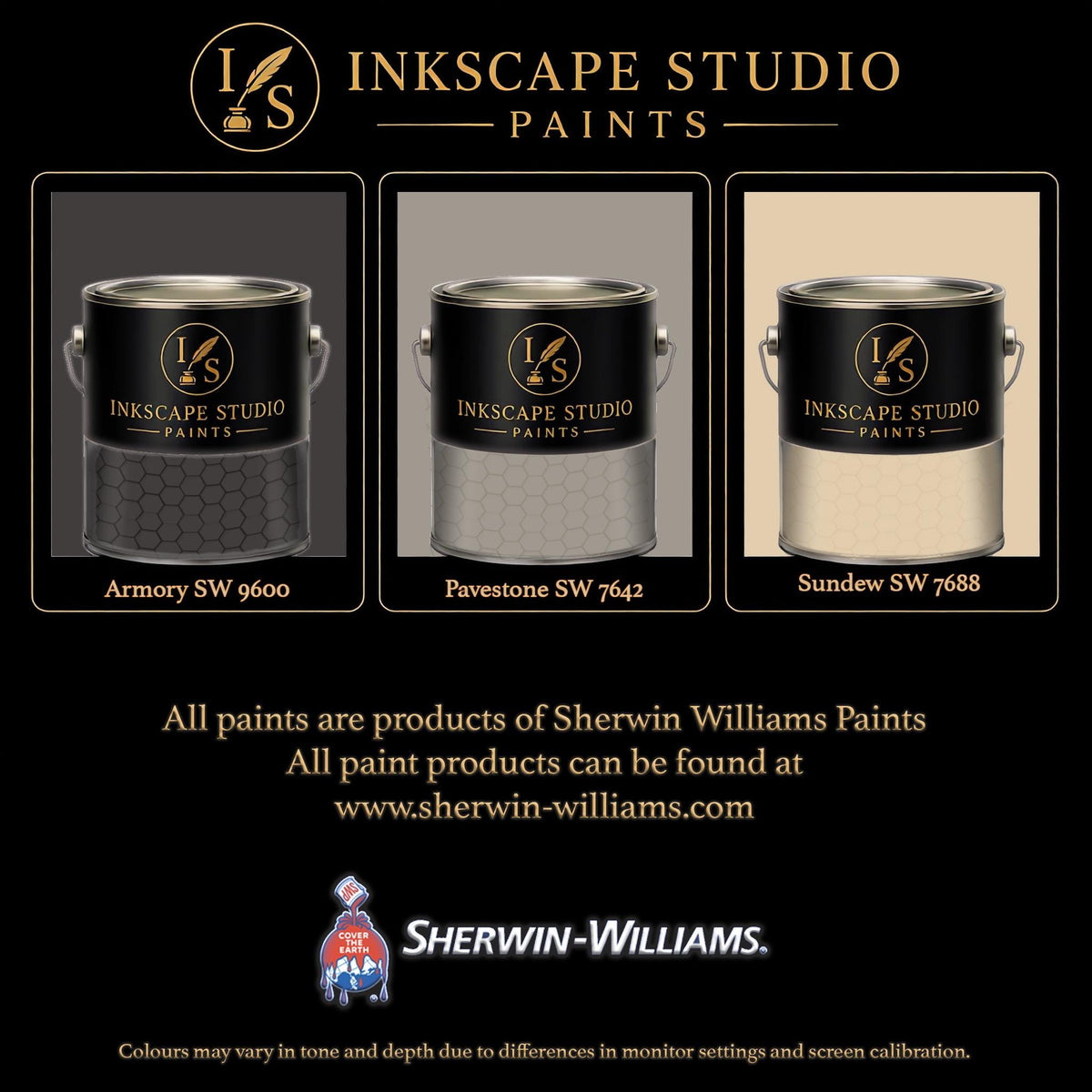 The image is an advertisement for Sherwin Williams paints, featuring three different paint color samples from the Inkscape Studio.