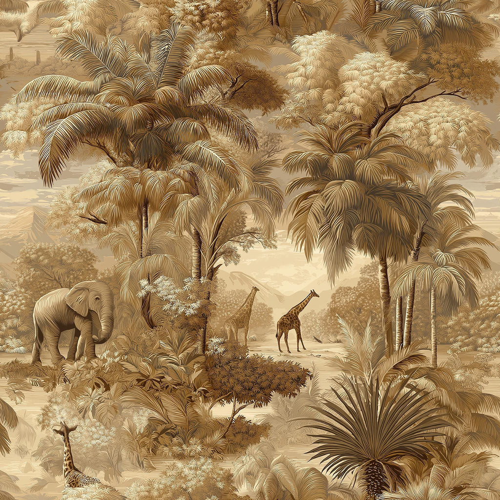 The image is a detailed illustration of a lush, tropical jungle scene with various animals such as elephants, giraffes, and palm trees.
