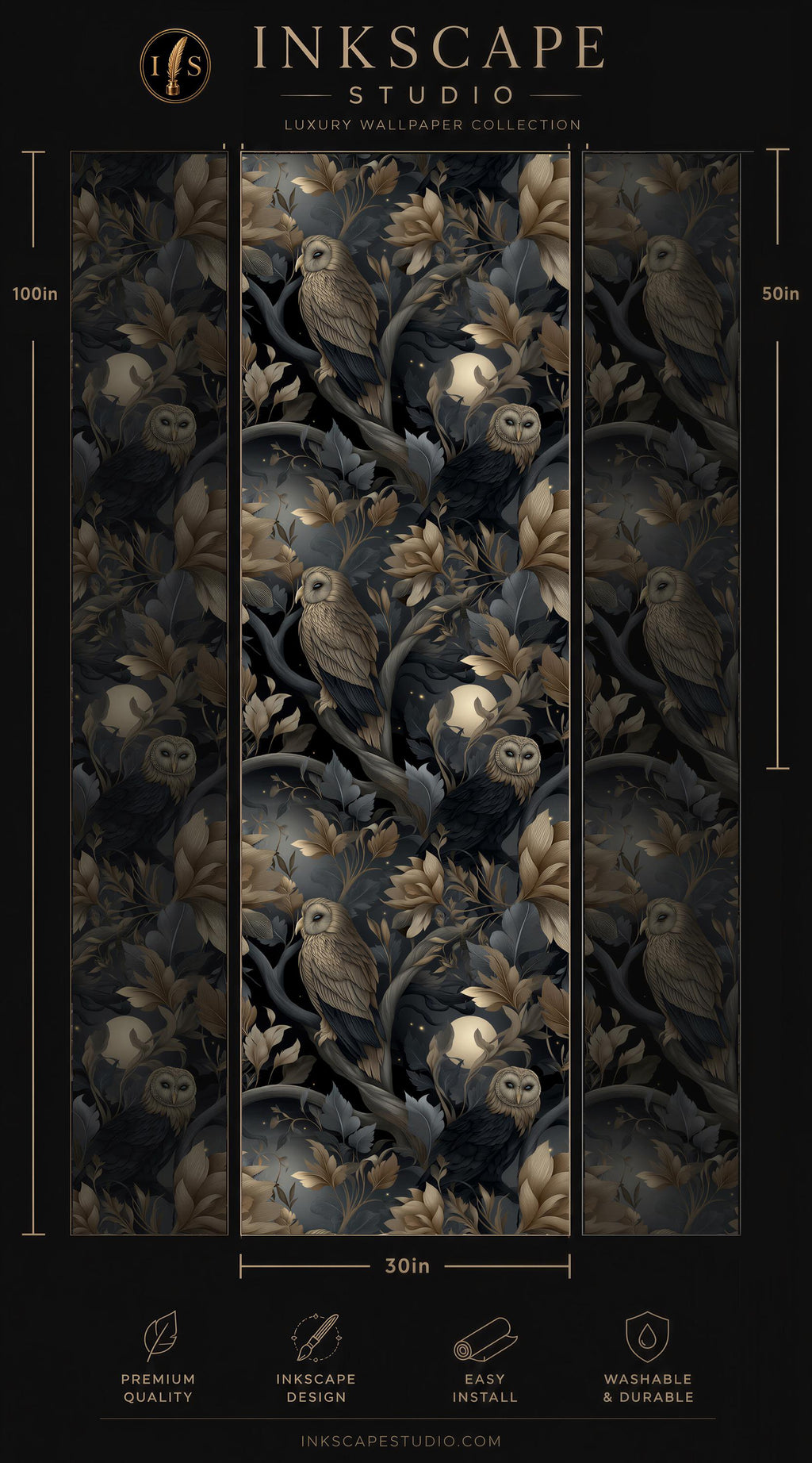 The image is a collage of three panels featuring a repeating pattern of owls and flowers in shades of black, gold, and white. The panels are arranged in a vertical format, with the top panel being the largest and the bottom panel being the smallest. The image is described as a luxury wallpaper collection, and it is a 30in by 50inch size. The image is from the Inkscape Studio, and it is described as easy to install and washable.