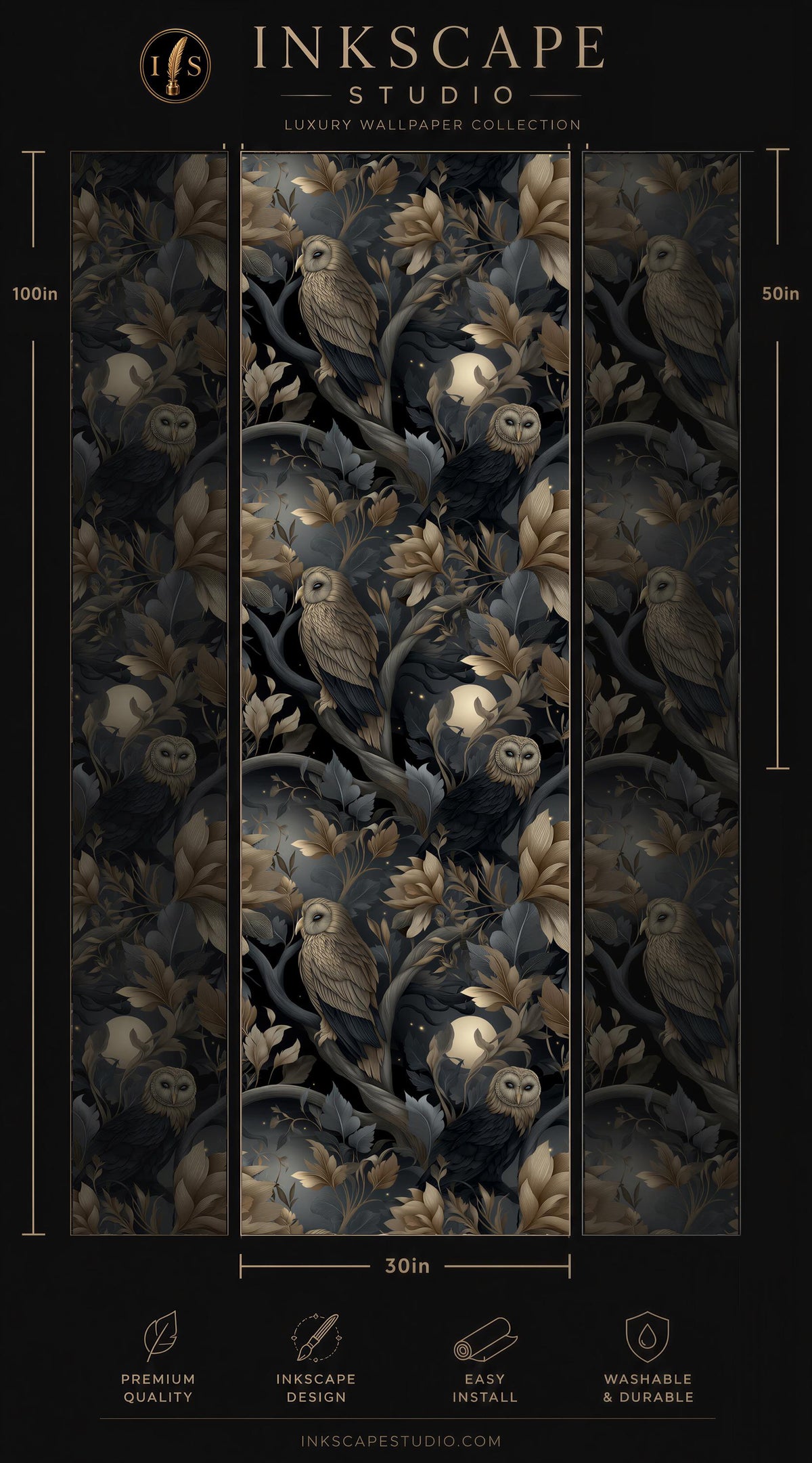 The image is a collage of three panels featuring a repeating pattern of owls and flowers in shades of black, gold, and white. The panels are arranged in a vertical format, with the top panel being the largest and the bottom panel being the smallest. The image is described as a luxury wallpaper collection, and it is a 30in by 50inch size. The image is from the Inkscape Studio, and it is described as easy to install and washable.