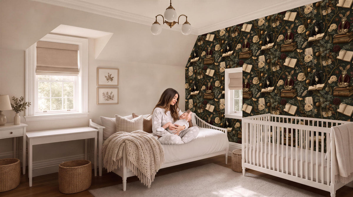 A woman sits on a white bed in a cozy nursery, holding a baby. The room has a white crib, a dresser, and a window with a view of trees outside. The walls are covered in a floral wallpaper, and the overall color scheme is neutral and soothing.