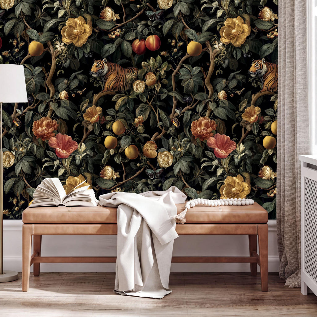 a large, vibrant mural of a jungle scene with a tiger, flowers, and fruits on the wall behind a wooden bench.