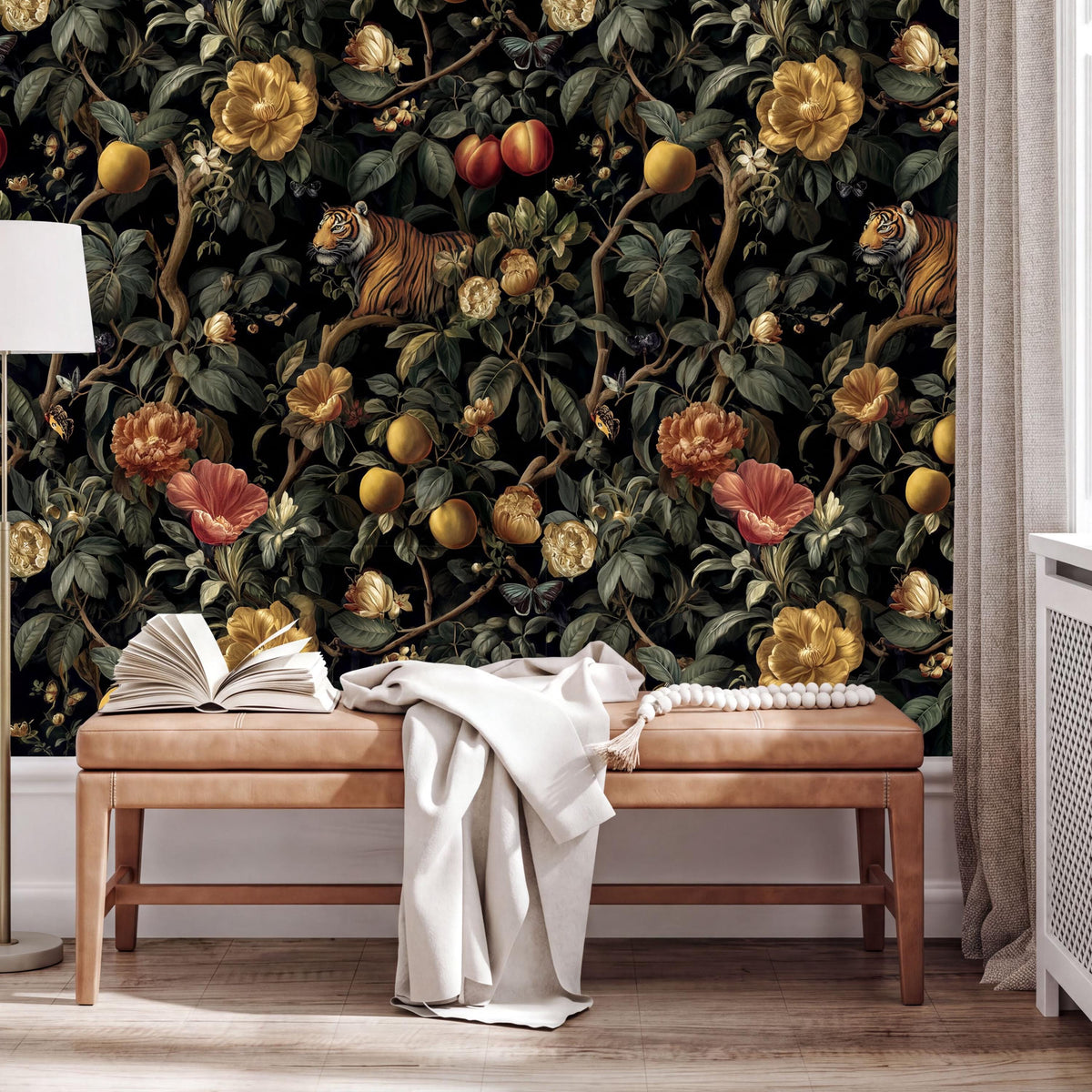 a large, vibrant mural of a jungle scene with a tiger, flowers, and fruits on the wall behind a wooden bench.