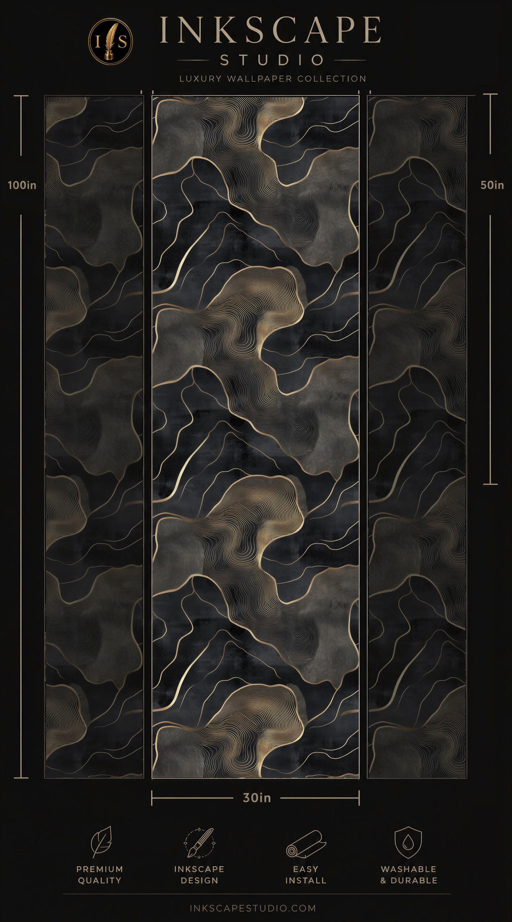 The image is a promotional poster for a luxury wallpaper collection from the brand Inkscape Studio. It features a striking black and gold abstract pattern with a wave-like texture, which is the central focus of the poster. The poster includes dimensions and features such as the luxury wallpaper collection, easy installation, and washable quality.
