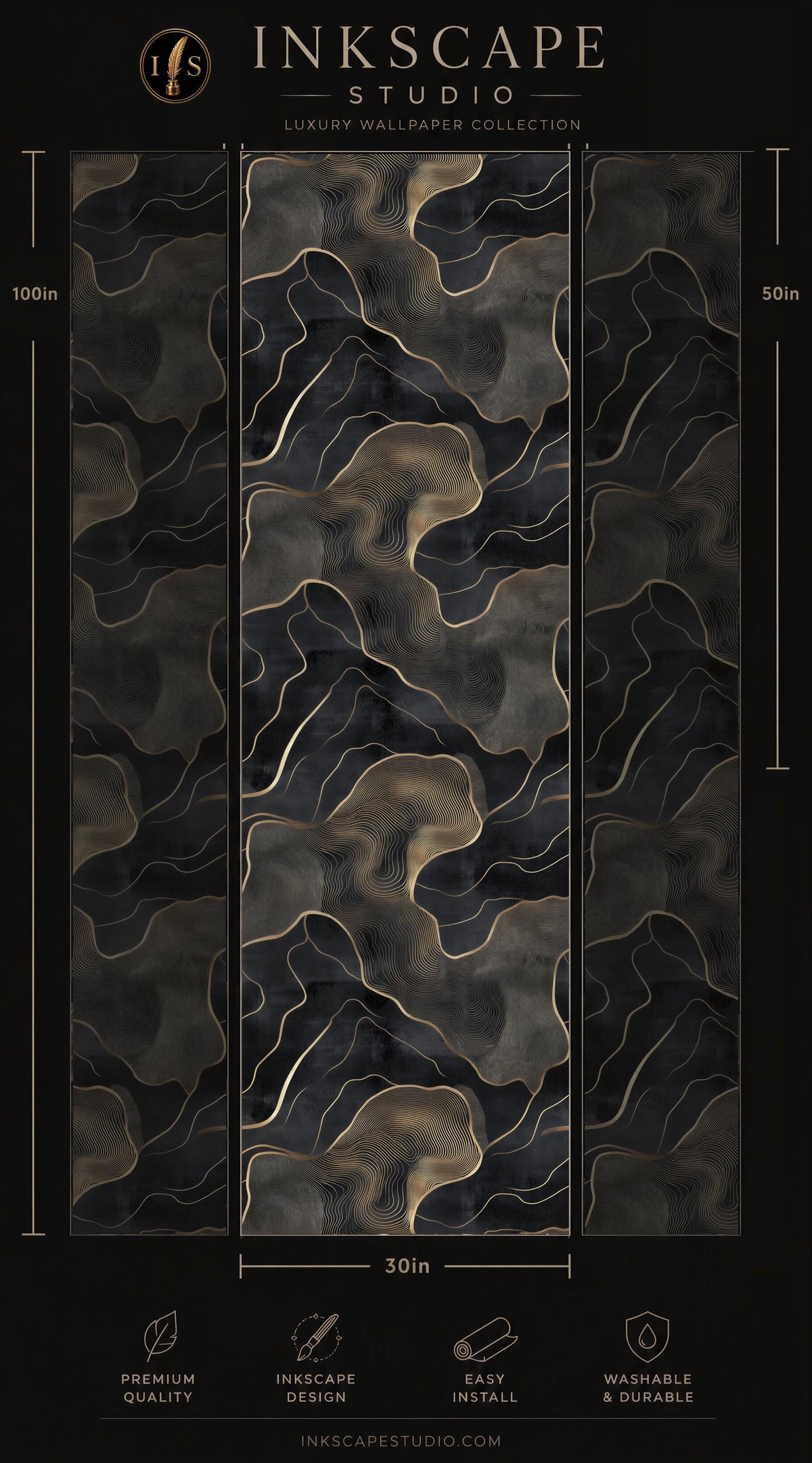 The image is a promotional poster for a luxury wallpaper collection from the brand Inkscape Studio. It features a striking black and gold abstract pattern with a wave-like texture, which is the central focus of the poster. The poster includes dimensions and features such as the luxury wallpaper collection, easy installation, and washable quality.