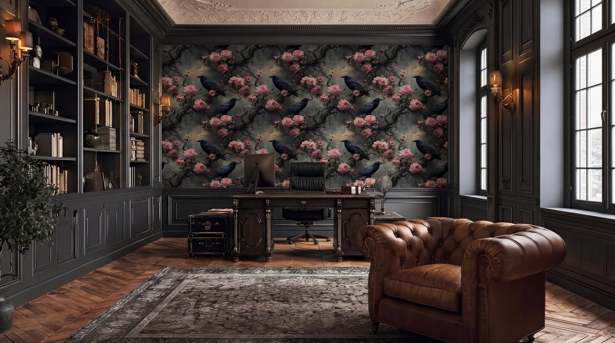 a luxurious and elegant living room with a large floral wallpaper featuring black crows. The room is furnished with a tufted leather armchair, a wooden desk, and a large window. The overall design and decor create a sophisticated and sophisticated atmosphere.