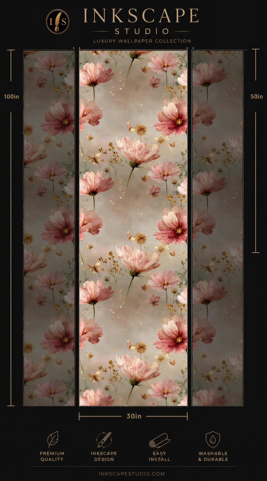 The image is a collage of three images featuring a floral pattern with pink flowers and greenery. The collage is titled "INScape Studio" and includes a "Premium Wallpaper Collection" and dimensions of "30in" for each panel.
