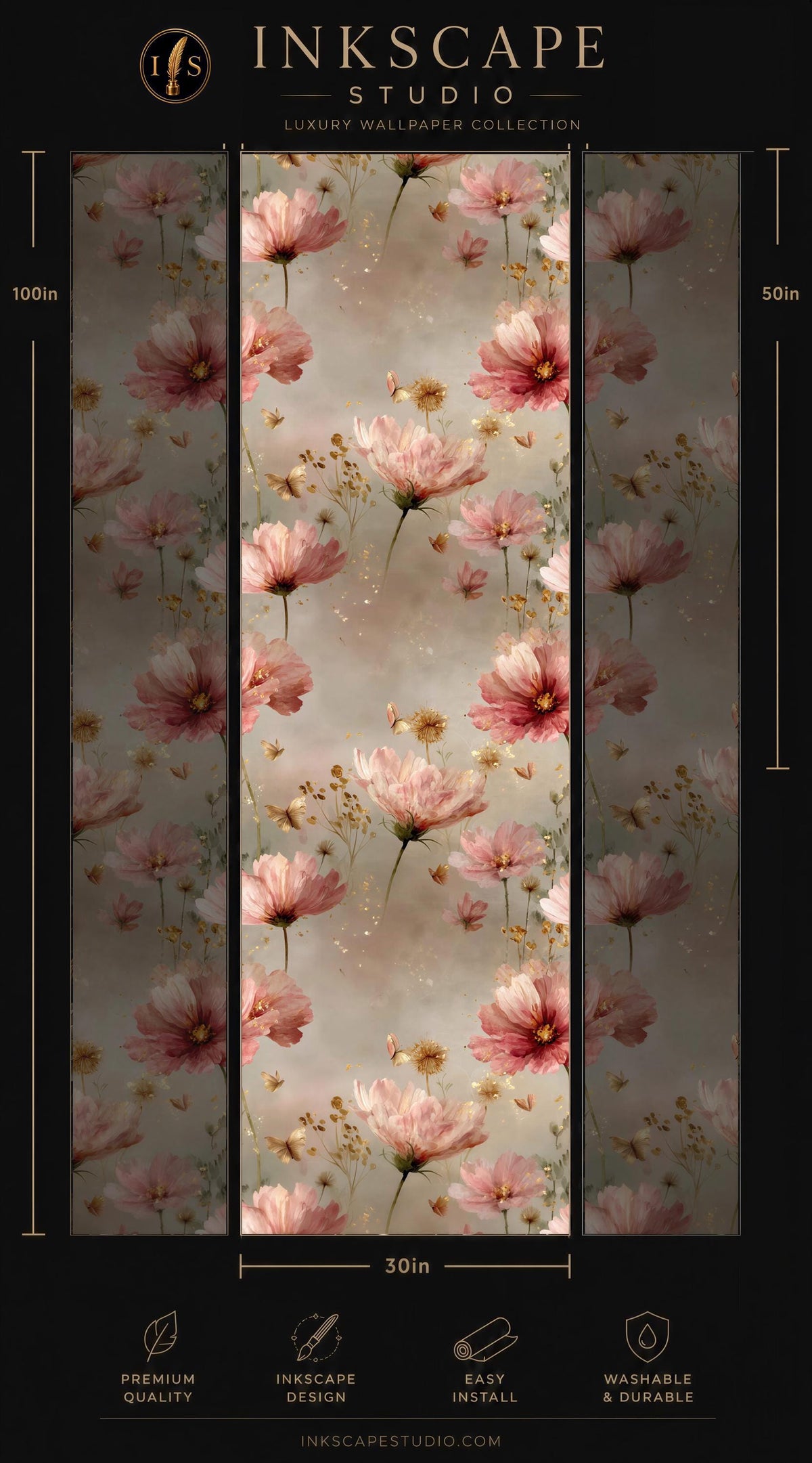 The image is a collage of three images featuring a floral pattern with pink flowers and greenery. The collage is titled "INScape Studio" and includes a "Premium Wallpaper Collection" and dimensions of "30in" for each panel.