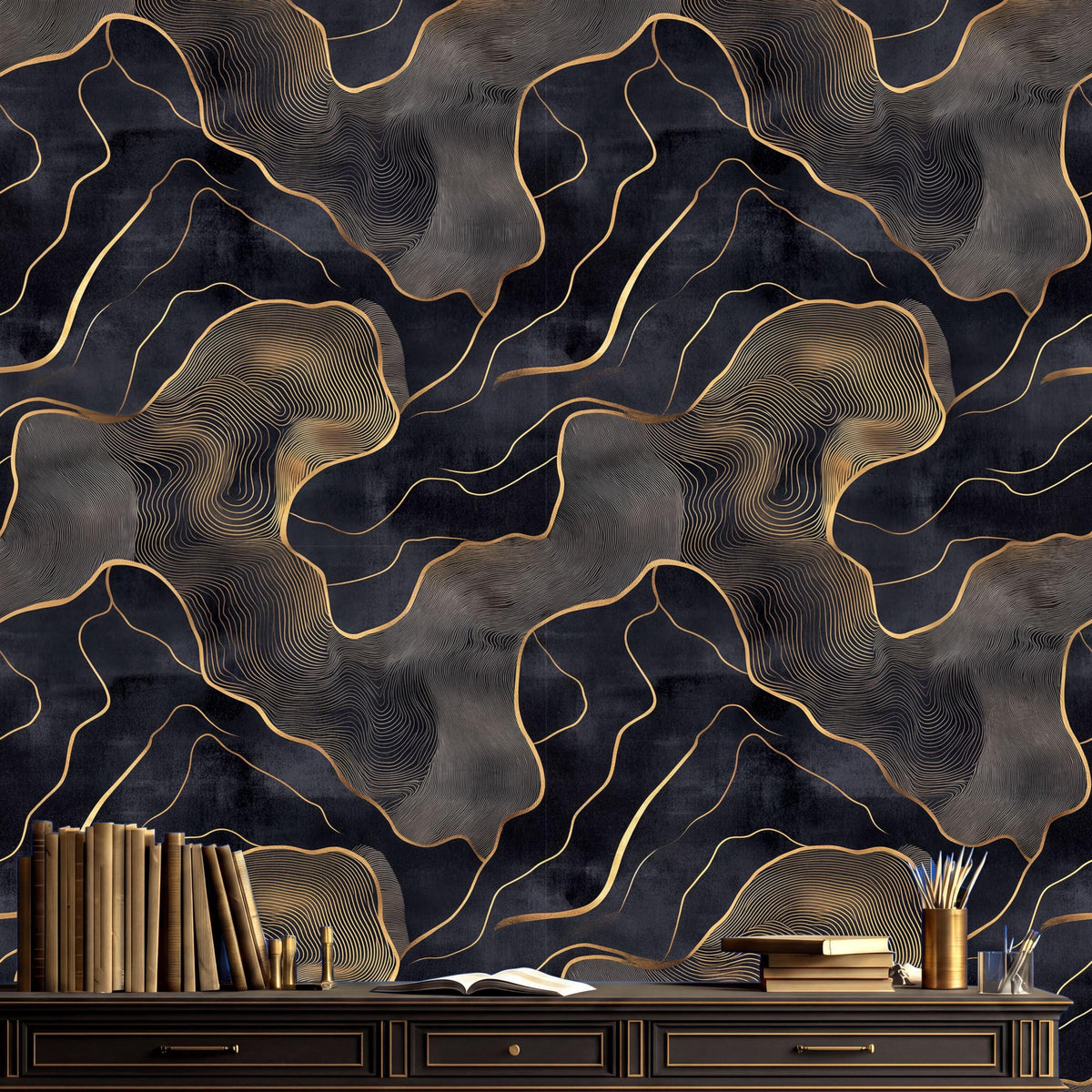 a dark, abstract wallpaper with a gold and black marble-like pattern. In front of the wallpaper, there is a wooden desk with a bookshelf and a vase on it. The bookshelf contains several books, and the vase is filled with pens and pencils.