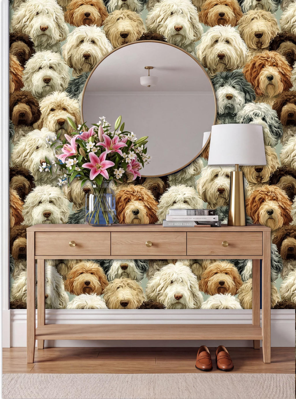 a wooden console table with a round mirror above it, set against a wall with a repeating pattern of dog faces. The table also has a vase of flowers and a lamp on it.