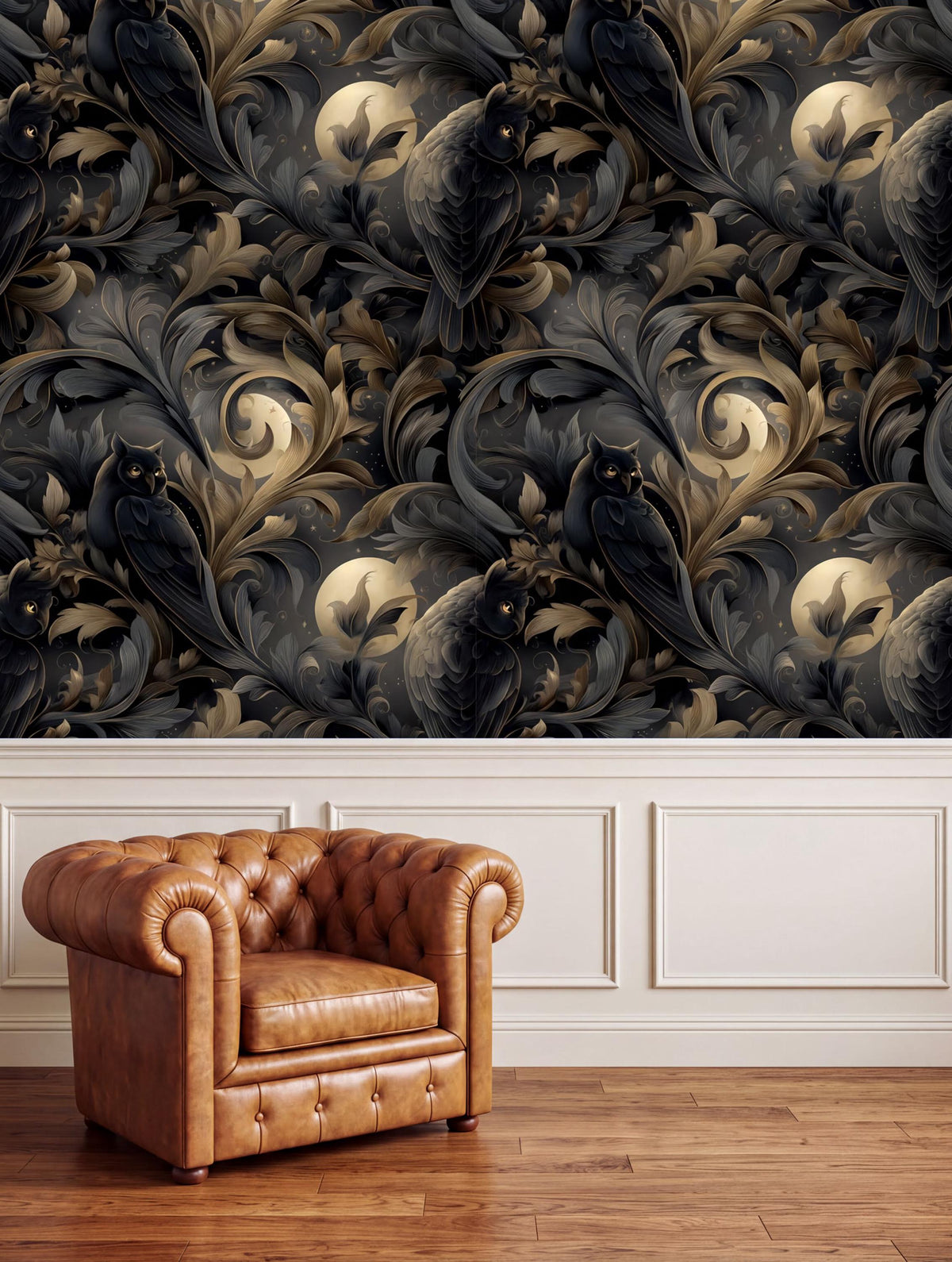 a brown leather armchair positioned in front of a wall with a dark, ornate wallpaper pattern.
