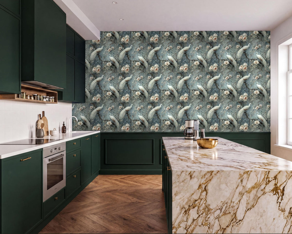 a modern kitchen with a marble countertop and dark green cabinets. The kitchen features a large, ornate wall with a floral pattern, and a large window that allows natural light to enter the space.