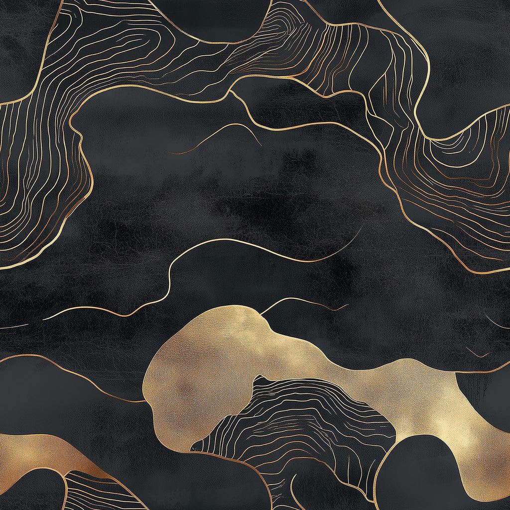 The image is a striking abstract pattern with a mix of black and gold colors. The pattern features swirling lines and shapes that create a sense of movement and dynamism. The overall composition is visually captivating and draws the viewer's attention to the intricate details and textures within the design.