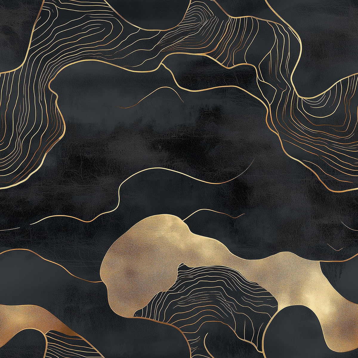 The image is a striking abstract pattern with a mix of black and gold colors. The pattern features swirling lines and shapes that create a sense of movement and dynamism. The overall composition is visually captivating and draws the viewer's attention to the intricate details and textures within the design.