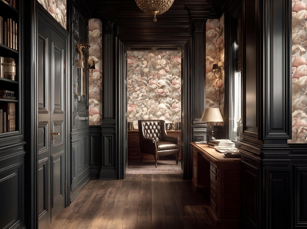 a luxurious and elegant room with dark wood paneling, a plush leather chair, and a desk with a lamp. The room has a high ceiling with a chandelier, and the walls are adorned with a floral wallpaper. The overall atmosphere of the room is sophisticated and inviting.