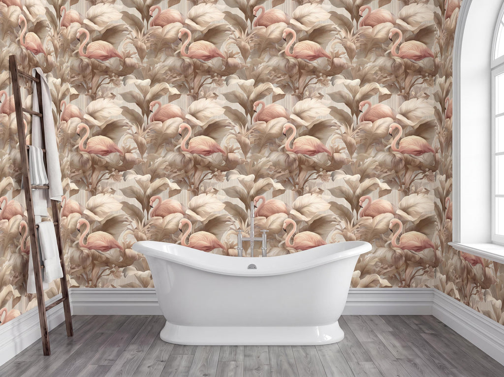 a bathroom with a white freestanding bathtub in the center, surrounded by a wall with a repeating floral pattern in shades of pink and beige. A wooden ladder is leaning against the wall, and a window is visible on the right side of the image.
