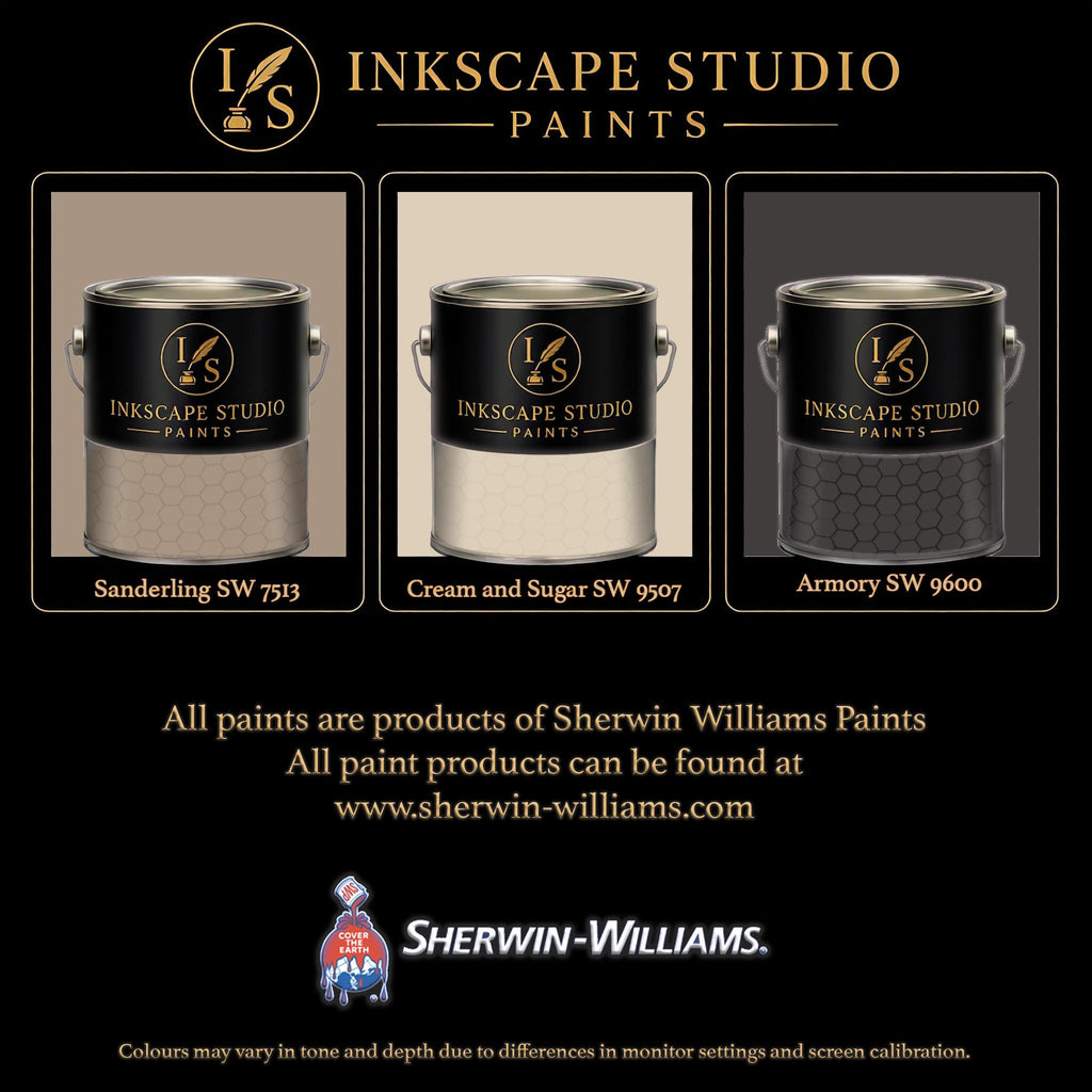 The image is an advertisement for Sherwin Williams paints, featuring three different paint color samples from the Inkscape Studio.
