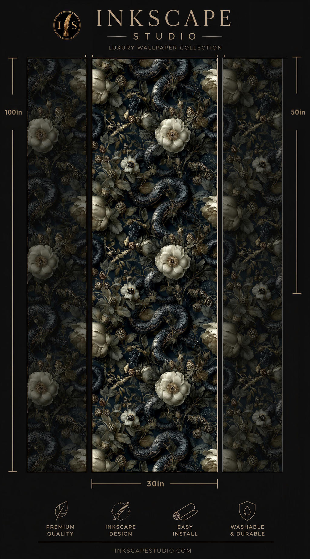 The image is a collage of three vertical panels, each featuring a floral pattern with a snake design. The panels are titled "INScape Studio" and "LUXURY WALLPAPER COLLECTION". The panels are described as "Premium quality" and "Easy to install". The image is described as a "30in" size and is "WASHABLE & DURABLE".